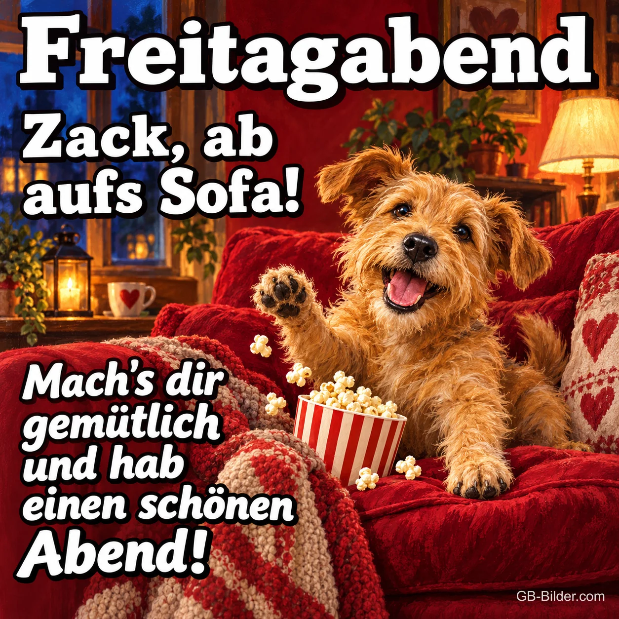 Terrier mit Popcorn auf einem roten Sofa, Text: Freitagabend – Zack, ab aufs Sofa! Mach's dir gemütlich und hab einen schönen Abend!