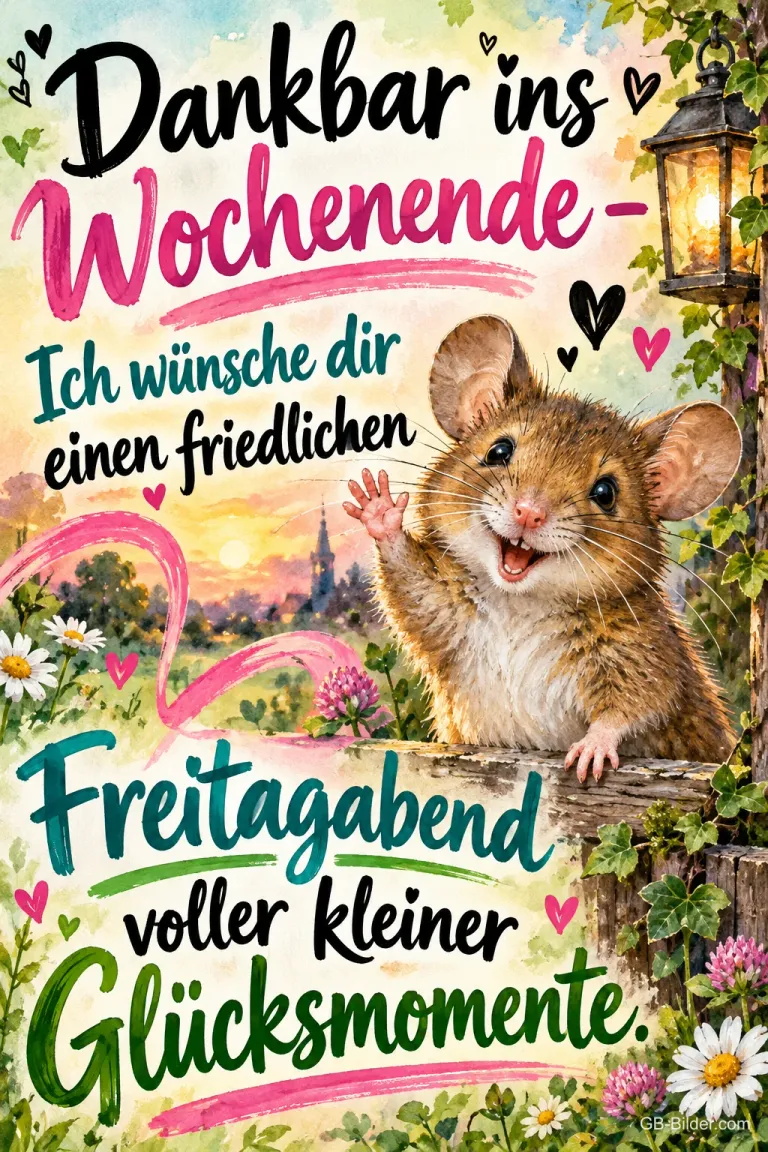 Lachende Maus winkt über einem Holzzaun zwischen Blumen, Text: Dankbar ins Wochenende – Ich wünsche dir einen friedlichen Freitagabend voller kleiner Glücksmomente.