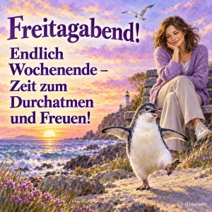 Frau sitzt am Meer, ein Pinguin watschelt fröhlich vorbei, Text: Freitagabend! – Endlich Wochenende – Zeit zum Durchatmen und Freuen!
