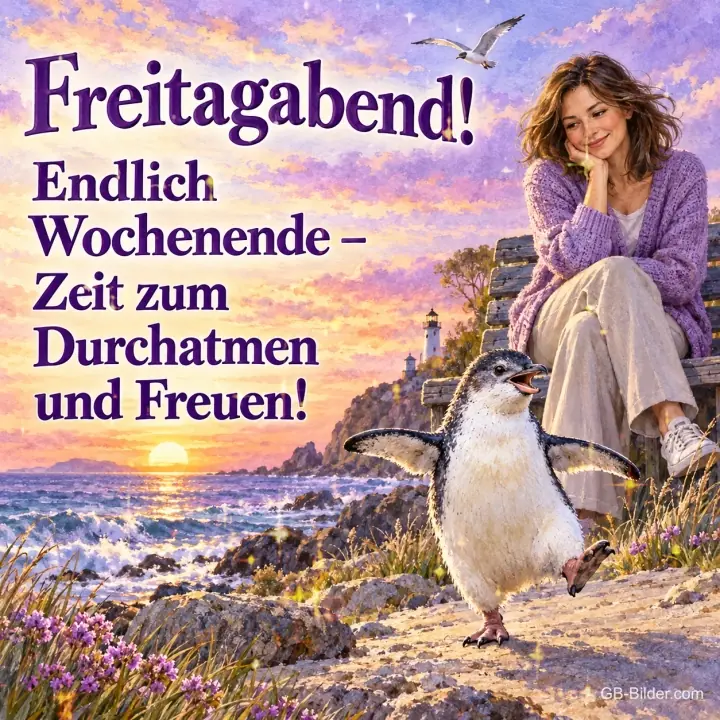 Frau sitzt am Meer, ein Pinguin watschelt fröhlich vorbei, Text: Freitagabend! – Endlich Wochenende – Zeit zum Durchatmen und Freuen! Frau sitzt am Meer, ein Pinguin watschelt fröhlich vorbei, Text: Freitagabend! – Endlich Wochenende – Zeit zum Durchatmen und Freuen!