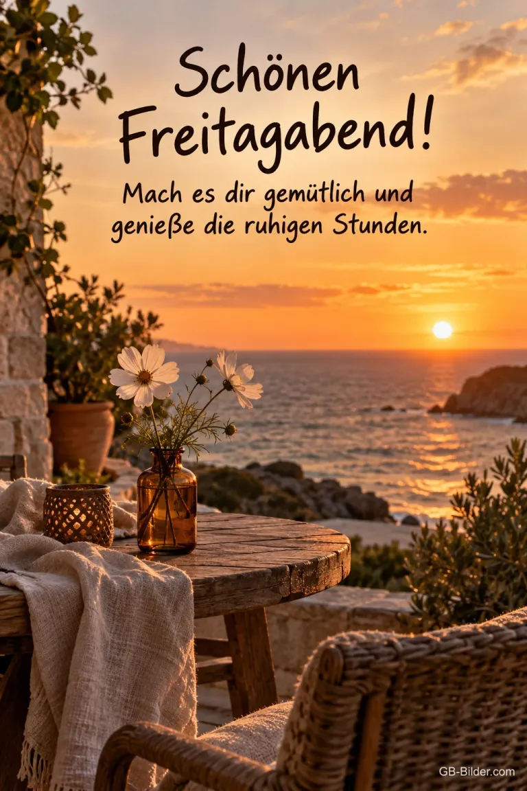 Korbsessel und Blumenvase auf einer Terrasse im Sonnenuntergang, Text: Schönen Freitagabend! – Mach es dir gemütlich und genieße die ruhigen Stunden.