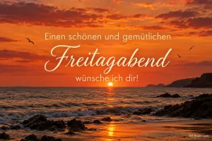Sonnenuntergang über einer Felsküste mit Möwen, Text: Einen schönen und gemütlichen – Freitagabend wünsche ich dir!