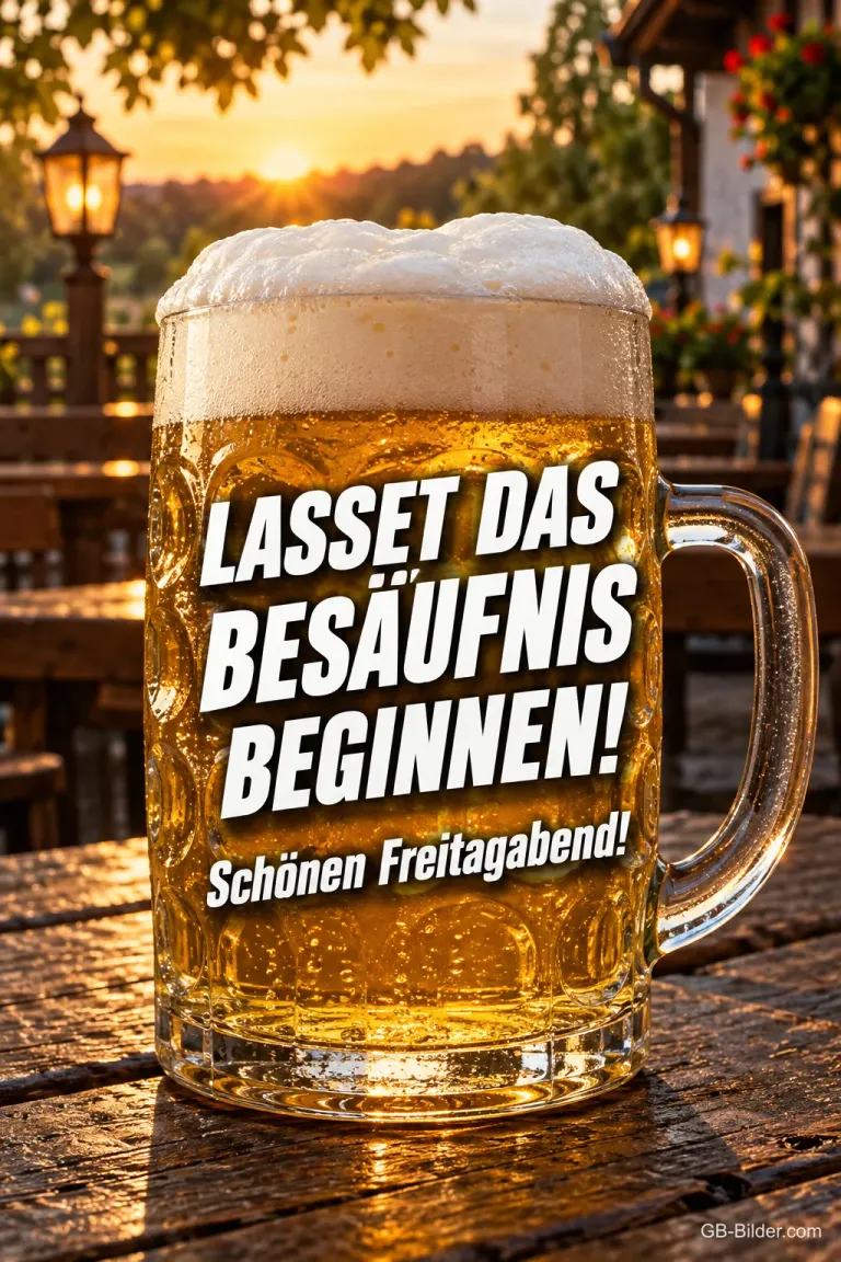 Schäumender Bierkrug auf einem Biergartentisch im Abendlicht, Text: LASSET DAS BESÄUFNIS BEGINNEN! – Schönen Freitagabend!
