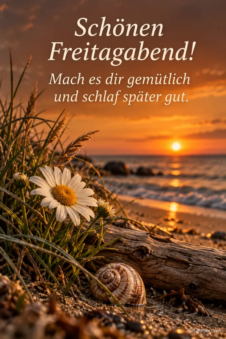 Margerite und Schneckenhaus am Strand im Sonnenuntergang, Text: Schönen Freitagabend! – Mach es dir gemütlich und schlaf später gut.