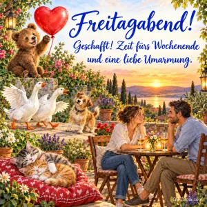 Paar auf einer Terrasse, Bär mit Herzballon, Gänse, Hund und Kätzchen, Text: Freitagabend! – Geschafft! Zeit fürs Wochenende und eine liebe Umarmung.