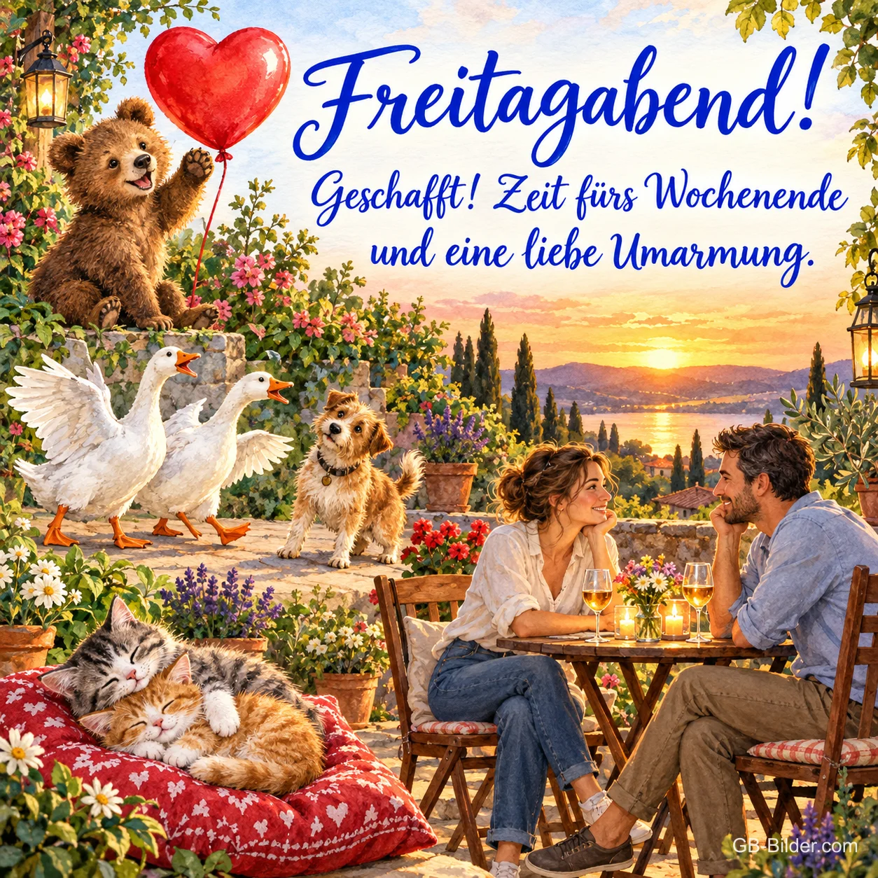 Paar auf einer Terrasse, Bär mit Herzballon, Gänse, Hund und Kätzchen, Text: Freitagabend! – Geschafft! Zeit fürs Wochenende und eine liebe Umarmung. Paar auf einer Terrasse, Bär mit Herzballon, Gänse, Hund und Kätzchen, Text: Freitagabend! – Geschafft! Zeit fürs Wochenende und eine liebe Umarmung.