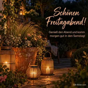 Laternen und Blumentopf auf einer Terrasse am Abend, Text: Schönen Freitagabend! – Genieß den Abend und komm morgen gut in den Samstag!