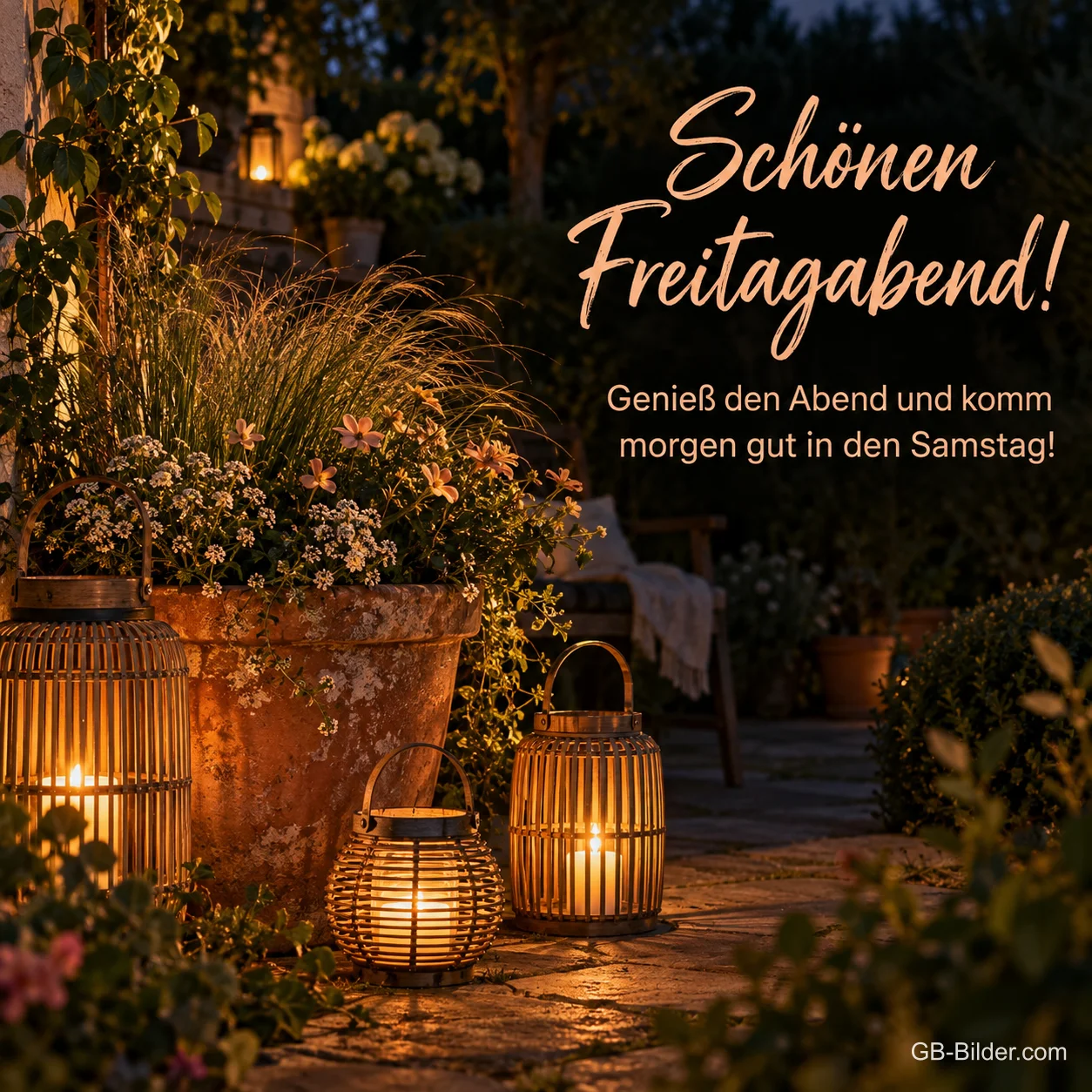Laternen und Blumentopf auf einer Terrasse am Abend, Text: Schönen Freitagabend! – Genieß den Abend und komm morgen gut in den Samstag!