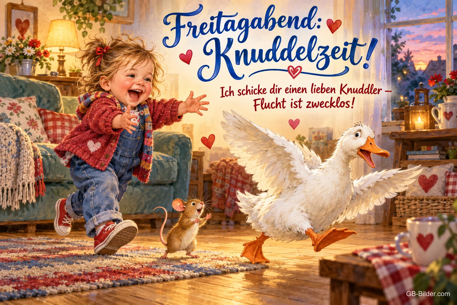 Lachendes Kind läuft mit offenen Armen auf eine Gans zu, Text: Freitagabend: Knuddelzeit! – Ich schicke dir einen lieben Knuddler – Flucht ist zwecklos! Lachendes Kind läuft mit offenen Armen auf eine Gans zu, Text: Freitagabend: Knuddelzeit! – Ich schicke dir einen lieben Knuddler – Flucht ist zwecklos!