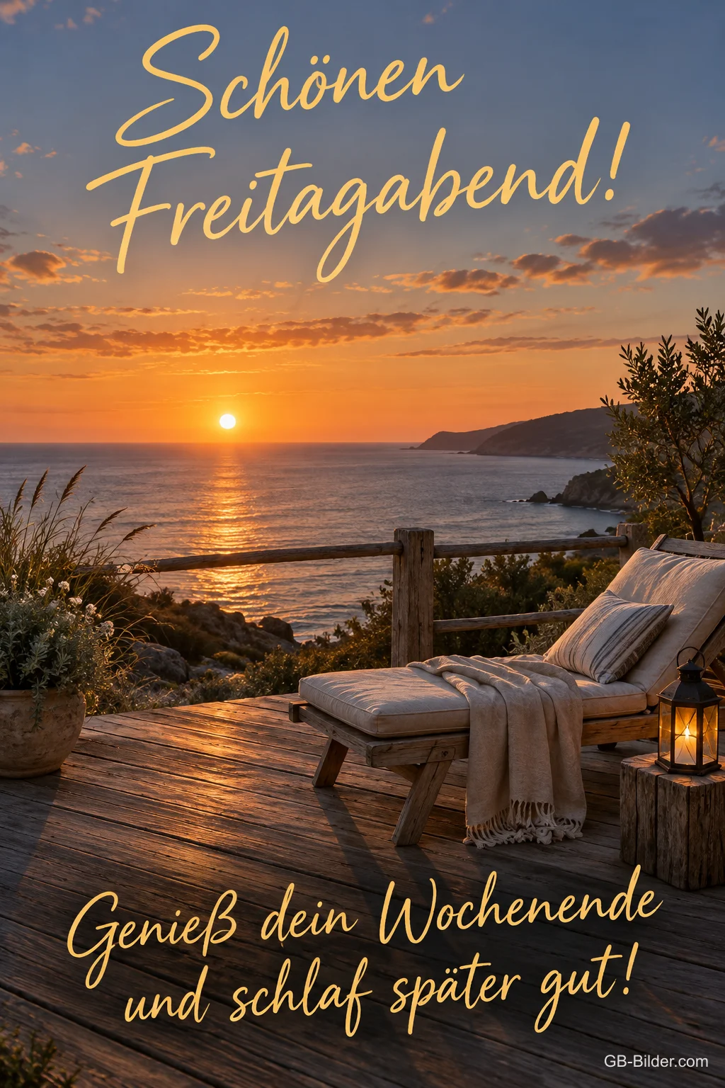 Liegestuhl auf einer Terrasse über dem Meer im Sonnenuntergang, Text: Schönen Freitagabend! – Genieß dein Wochenende und schlaf später gut!