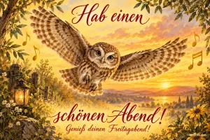 Eule fliegt über eine Landschaft im Sonnenuntergang, Text: Hab einen schönen Abend! – Genieß deinen Freitagabend!