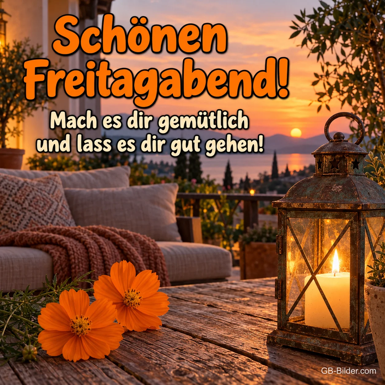Laterne und Blumen auf einer Terrasse im Sonnenuntergang, Text: Schönen Freitagabend! – Mach es dir gemütlich und lass es dir gut gehen!