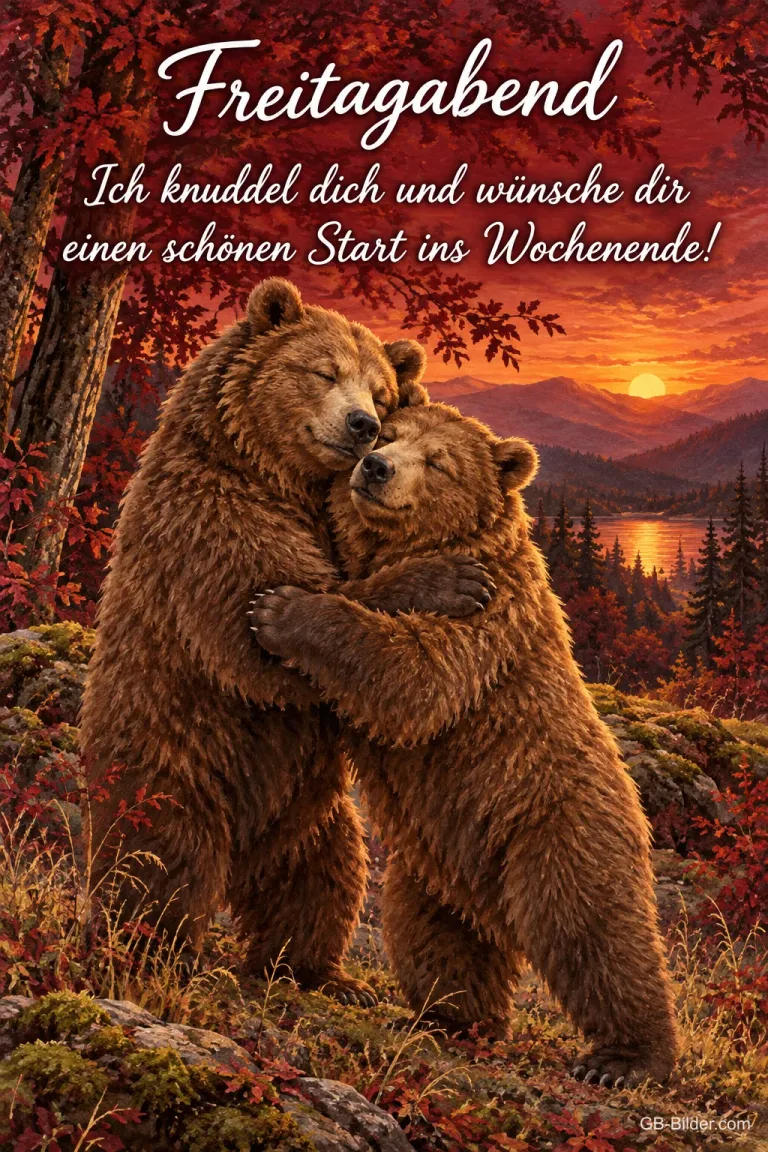 Zwei Bären umarmen sich im Herbstwald bei Sonnenuntergang, Text: Freitagabend – Ich knuddel dich und wünsche dir einen schönen Start ins Wochenende!
