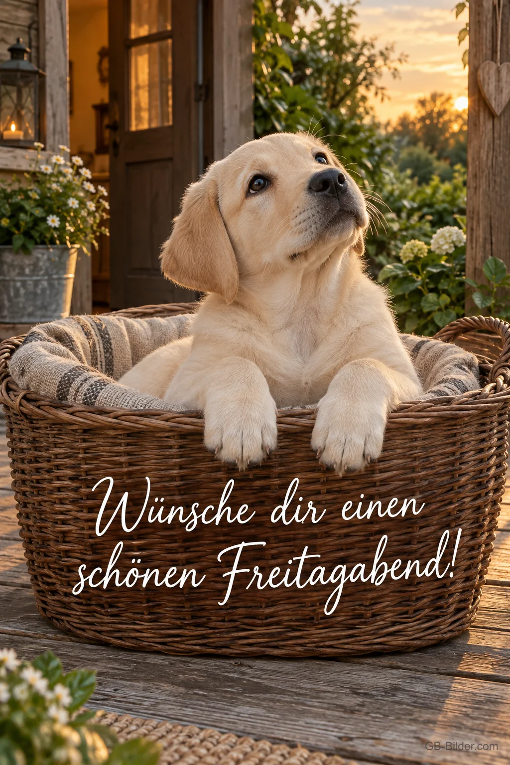 Labradorwelpe sitzt in einem Weidenkorb vor einer Haustür, Text: Wünsche dir einen – schönen Freitagabend!