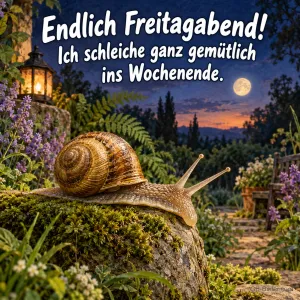 Schnecke kriecht abends über einen moosigen Stein im Garten, Text: Endlich Freitagabend! – Ich schleiche ganz gemütlich ins Wochenende.