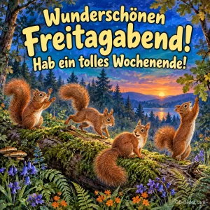 Eichhörnchen spielen auf einem Baumstamm im Abendlicht, Text: Wunderschönen Freitagabend! – Hab ein tolles Wochenende!