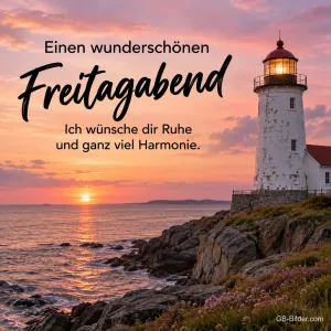 Leuchtturm an einer Felsküste im Sonnenuntergang, Text: Einen wunderschönen Freitagabend – Ich wünsche dir Ruhe und ganz viel Harmonie.