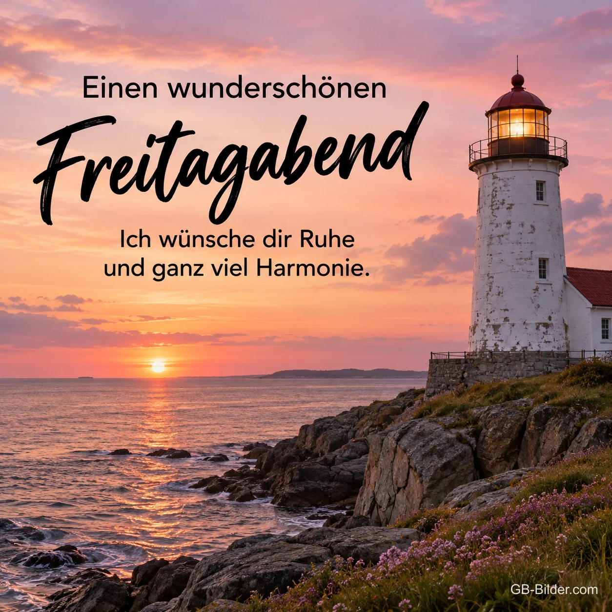 Leuchtturm an einer Felsküste im Sonnenuntergang, Text: Einen wunderschönen Freitagabend – Ich wünsche dir Ruhe und ganz viel Harmonie.