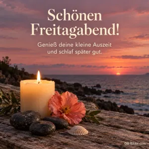 Kerze, Steine und Hibiskusblüte am Meer im Sonnenuntergang, Text: Schönen Freitagabend! – Genieß deine kleine Auszeit und schlaf später gut.
