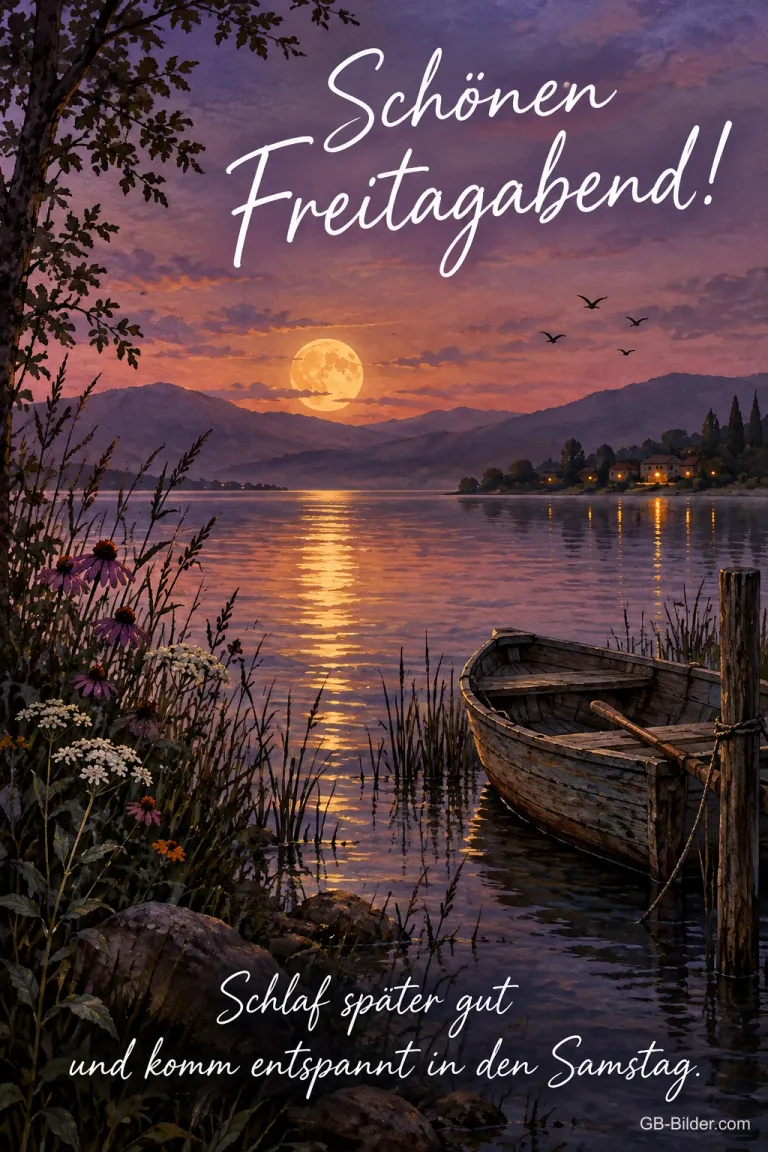 Ruderboot am Steg eines Sees im Mondlicht, Text: Schönen Freitagabend! – Schlaf später gut und komm entspannt in den Samstag.