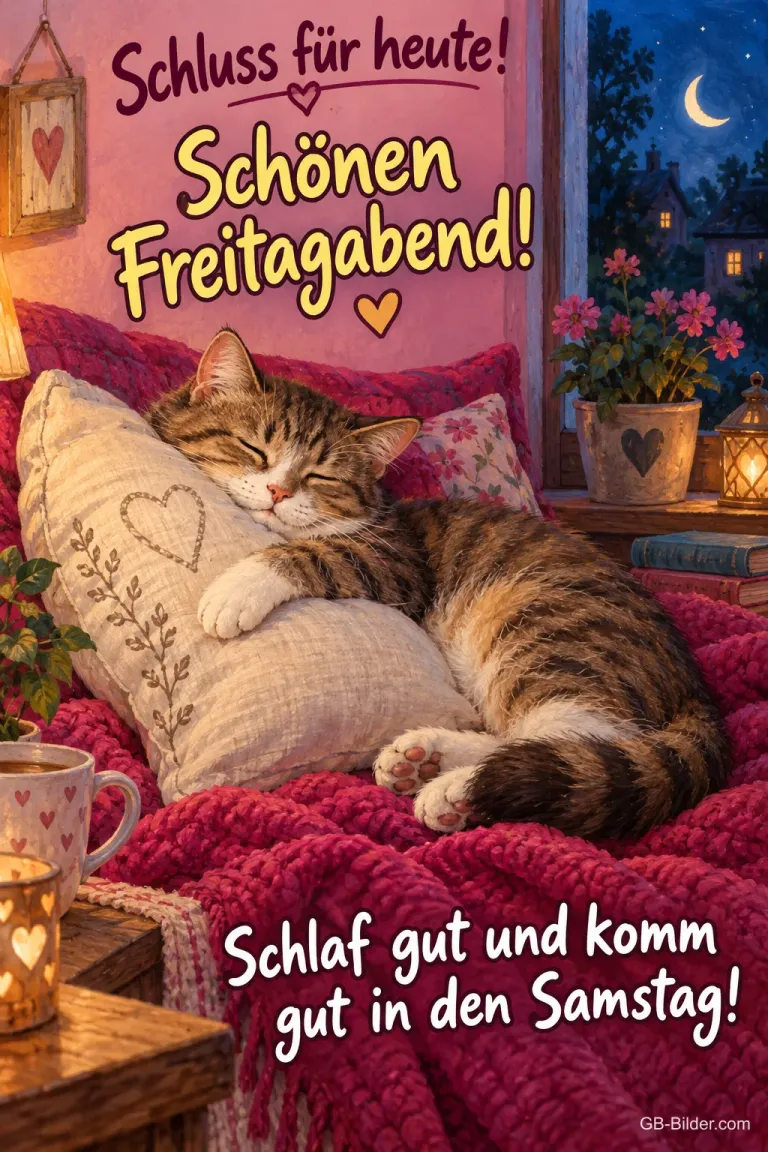 Getigerte Katze schläft auf einem Kissen im Bett, Text: Schluss für heute! Schönen Freitagabend! – Schlaf gut und komm gut in den Samstag!
