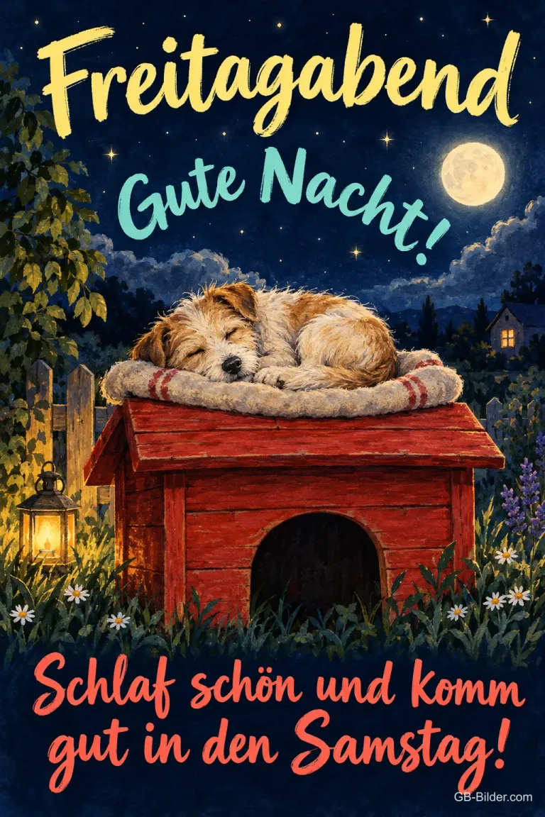 Hund schläft auf dem Dach einer roten Hundehütte unter dem Mond, Text: Freitagabend – Gute Nacht! Schlaf schön und komm gut in den Samstag!