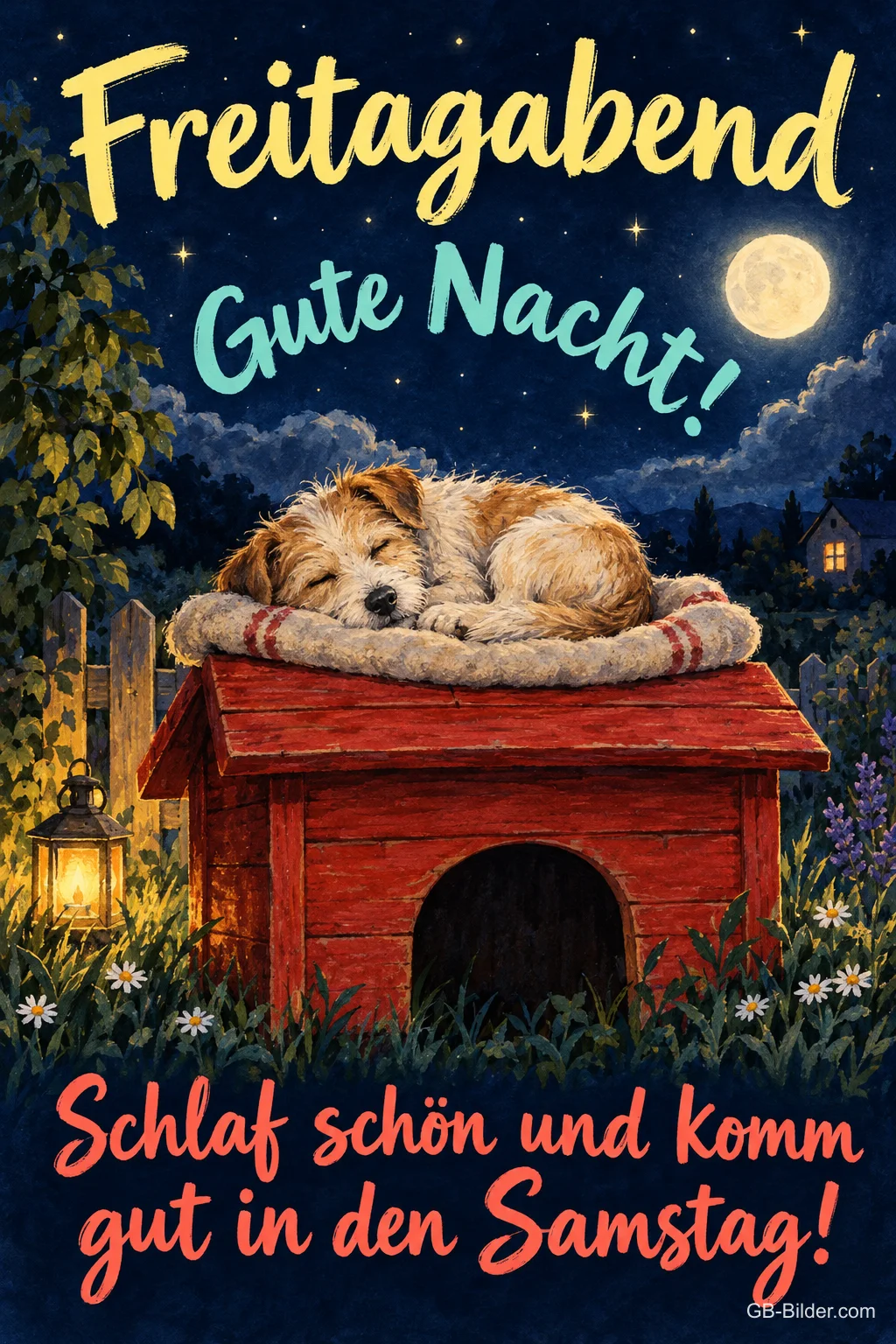 Hund schläft auf dem Dach einer roten Hundehütte unter dem Mond, Text: Freitagabend – Gute Nacht! Schlaf schön und komm gut in den Samstag! Hund schläft auf dem Dach einer roten Hundehütte unter dem Mond, Text: Freitagabend – Gute Nacht! Schlaf schön und komm gut in den Samstag!