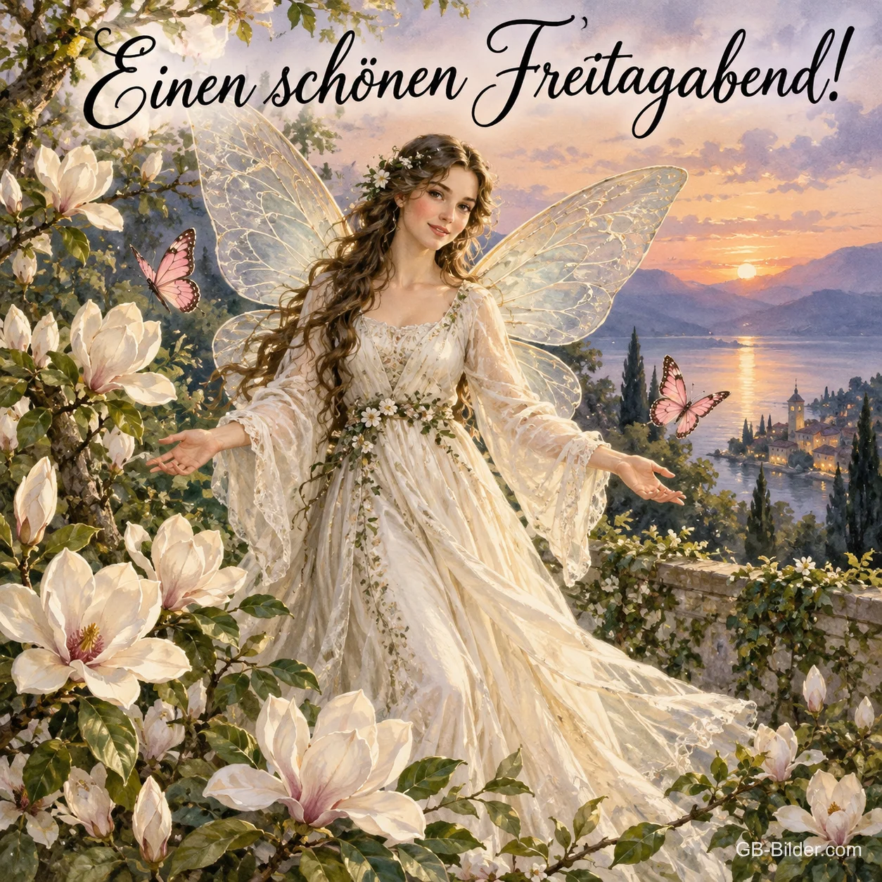 Elfe mit Flügeln zwischen Magnolien über einem See im Abendlicht, Text: Einen schönen Freitagabend! Elfe mit Flügeln zwischen Magnolien über einem See im Abendlicht, Text: Einen schönen Freitagabend!