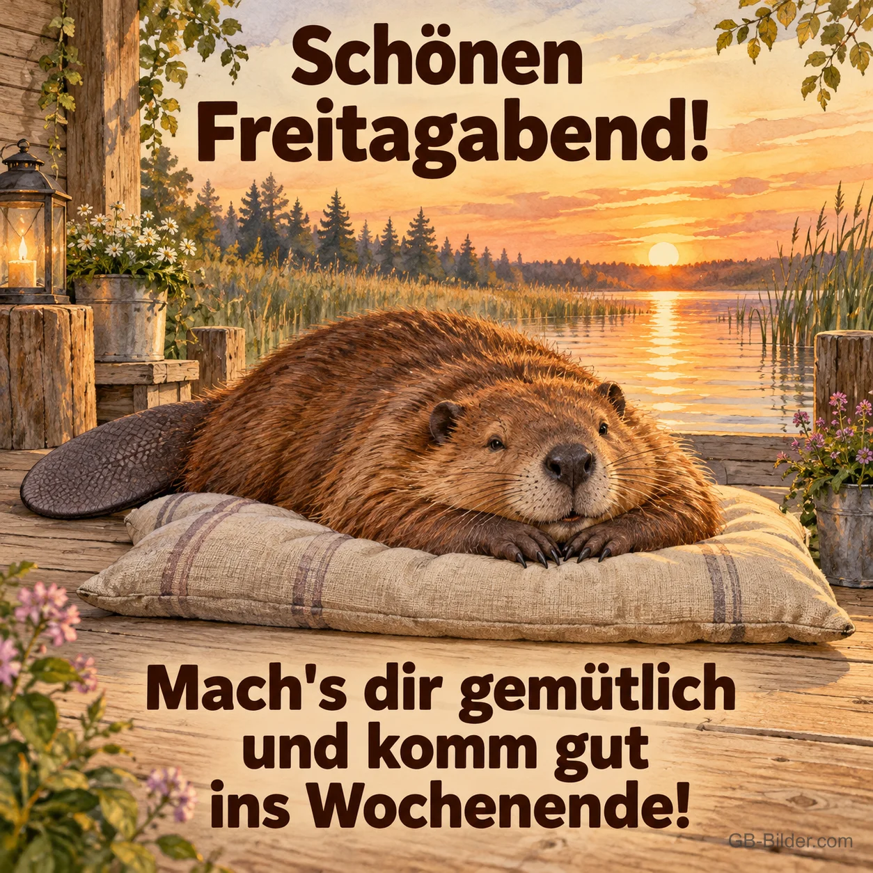 Biber liegt entspannt auf einem Kissen am See im Sonnenuntergang, Text: Schönen Freitagabend! – Mach's dir gemütlich und komm gut ins Wochenende! Biber liegt entspannt auf einem Kissen am See im Sonnenuntergang, Text: Schönen Freitagabend! – Mach's dir gemütlich und komm gut ins Wochenende!