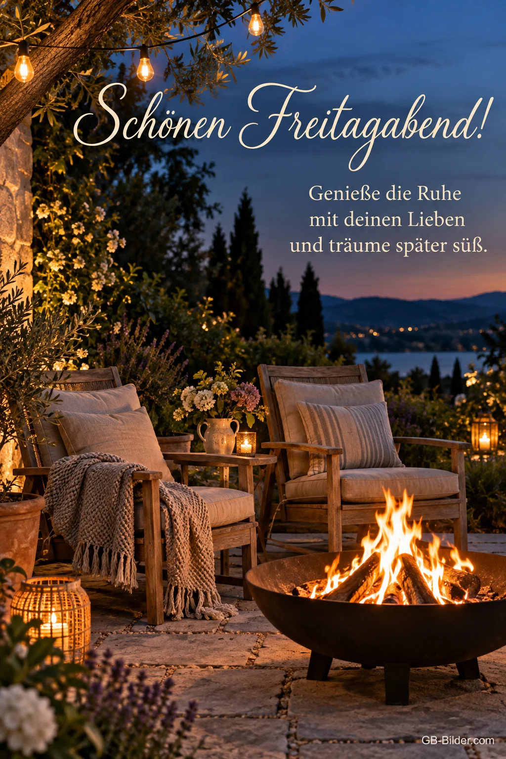 Feuerschale und Sessel auf einer Terrasse mit Lichterketten, Text: Schönen Freitagabend! – Genieße die Ruhe mit deinen Lieben und träume später süß. Feuerschale und Sessel auf einer Terrasse mit Lichterketten, Text: Schönen Freitagabend! – Genieße die Ruhe mit deinen Lieben und träume später süß.