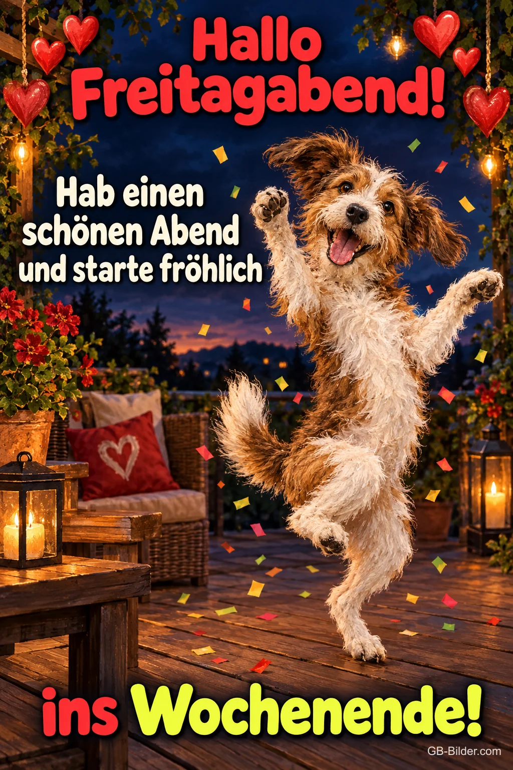 Hund tanzt auf einer Terrasse zwischen Laternen und Konfetti, Text: Hallo Freitagabend! – Hab einen schönen Abend und starte fröhlich ins Wochenende! Hund tanzt auf einer Terrasse zwischen Laternen und Konfetti, Text: Hallo Freitagabend! – Hab einen schönen Abend und starte fröhlich ins Wochenende!