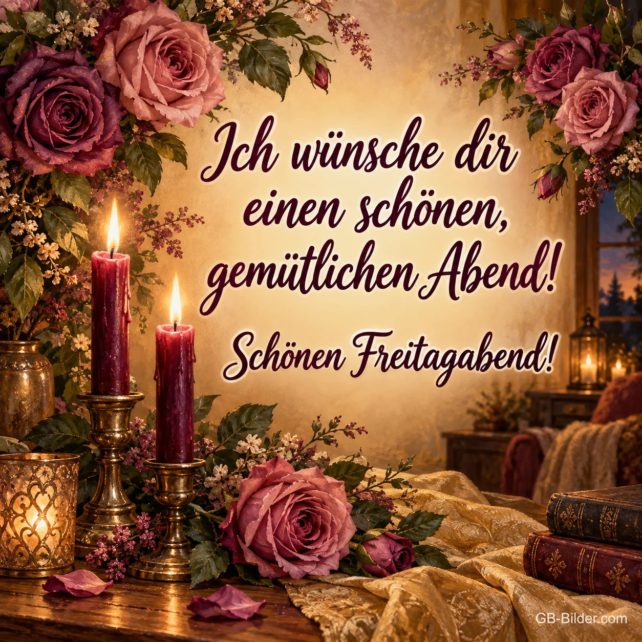 Brennende Kerzen und Rosen in einem gemütlichen Zimmer, Text: Ich wünsche dir einen schönen, gemütlichen Abend! – Schönen Freitagabend! Brennende Kerzen und Rosen in einem gemütlichen Zimmer, Text: Ich wünsche dir einen schönen, gemütlichen Abend! – Schönen Freitagabend!