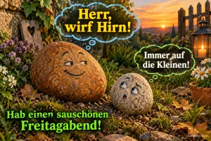 Zwei Steine mit Gesichtern und Gedankenblasen in einem Garten, Text: Herr, wirf Hirn! – Immer auf die Kleinen! Hab einen sauschönen Freitagabend!