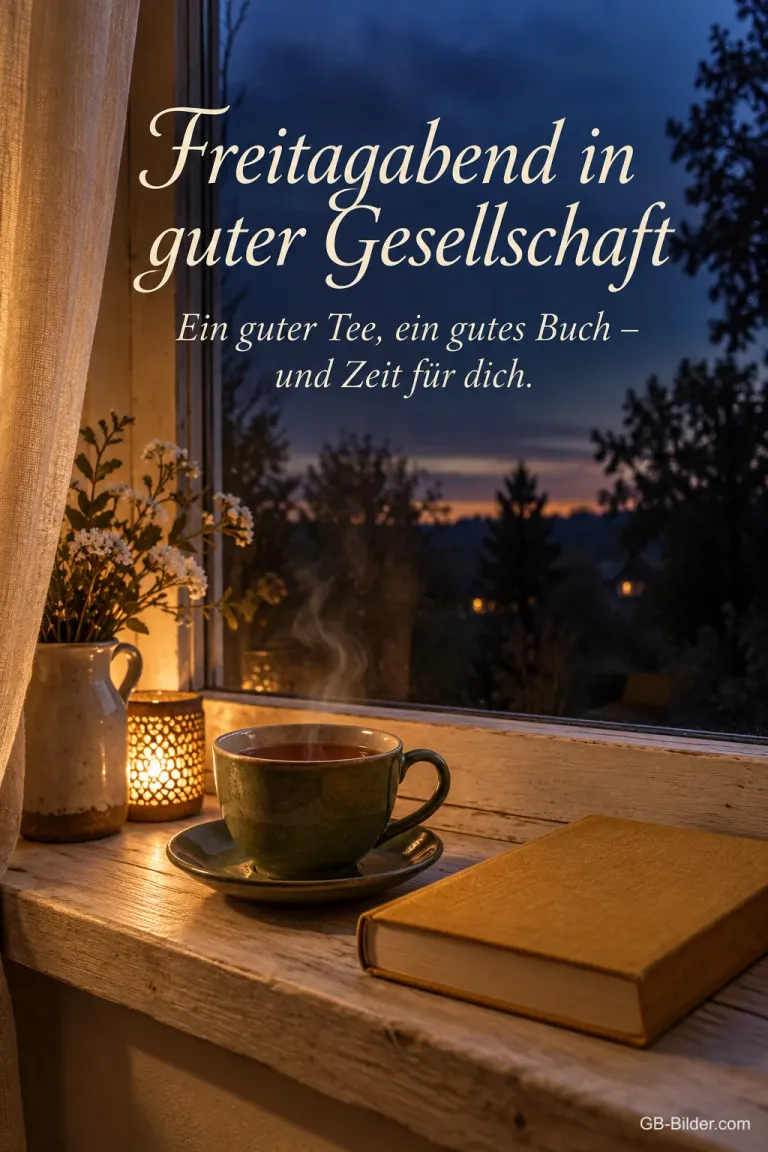 Teetasse und Buch auf der Fensterbank am Abend, Text: Freitagabend in guter Gesellschaft – Ein guter Tee, ein gutes Buch – und Zeit für dich.