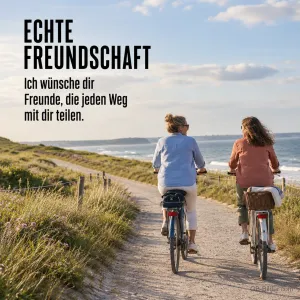 Zwei Freundinnen radeln am Küstenweg, Text: Echte Freundschaft – Freunde, die jeden Weg mit dir teilen.