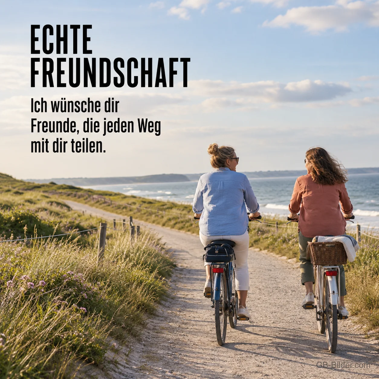 Zwei Freundinnen radeln am Küstenweg, Text: Echte Freundschaft – Freunde, die jeden Weg mit dir teilen.
