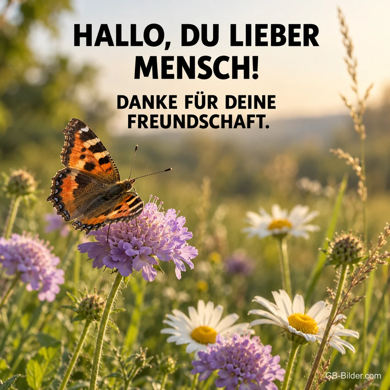 Schmetterling auf einer Wiesenblume, Text: Hallo, du lieber Mensch! Danke für deine Freundschaft.