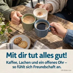 Drei Kaffeetassen stoßen an, Text: Mit dir tut alles gut! So fühlt sich Freundschaft an.