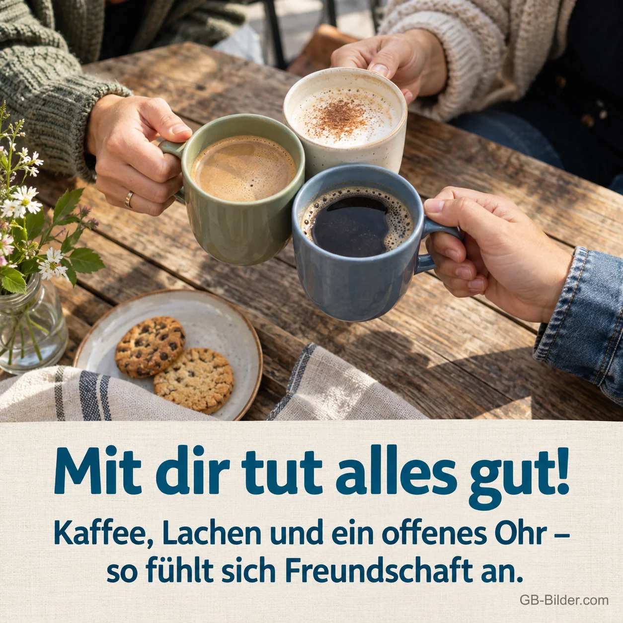 Drei Kaffeetassen stoßen an, Text: Mit dir tut alles gut! So fühlt sich Freundschaft an.