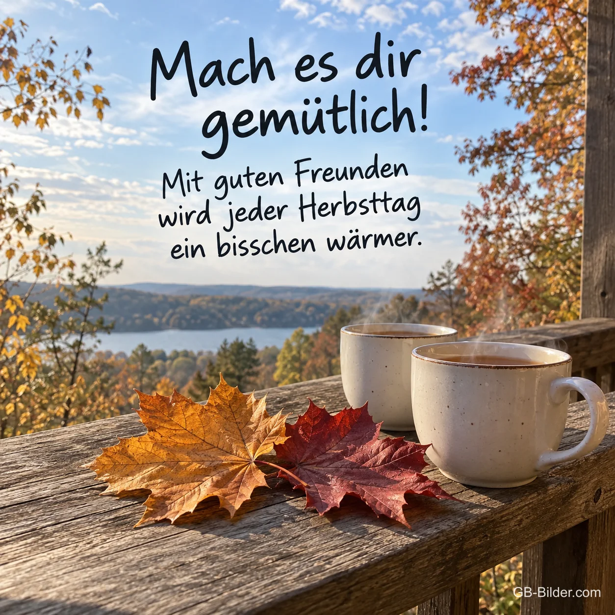 Zwei Tassen und Herbstlaub über einem See, Text: Mit guten Freunden wird jeder Herbsttag ein bisschen wärmer.