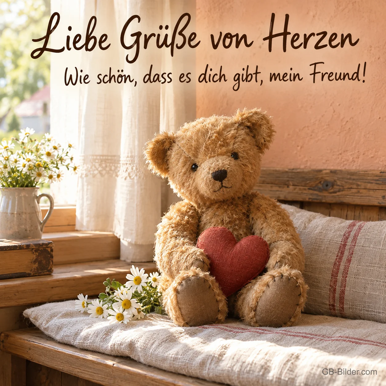 Teddybär mit Herz am Fenster, Text: Liebe Grüße von Herzen – Wie schön, dass es dich gibt, mein Freund!