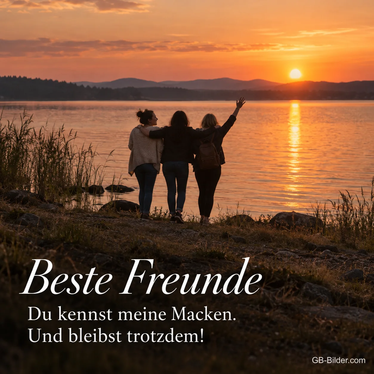 Drei Freundinnen am See im Sonnenuntergang, Text: Beste Freunde – Du kennst meine Macken. Und bleibst trotzdem!