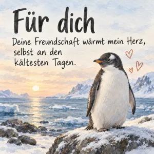 Pinguin auf verschneitem Felsen, Text: Deine Freundschaft wärmt mein Herz, selbst an den kältesten Tagen.