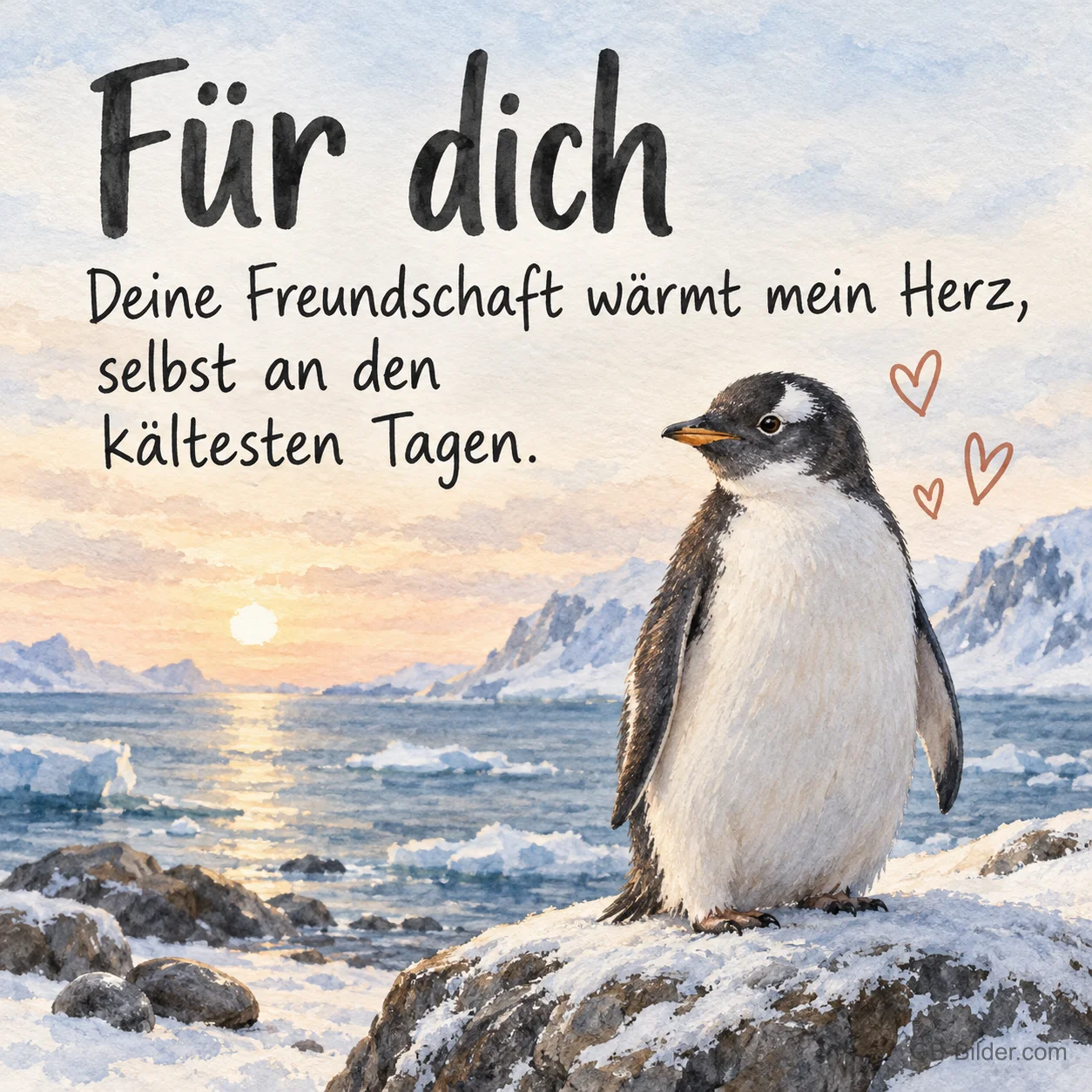 Pinguin auf verschneitem Felsen, Text: Deine Freundschaft wärmt mein Herz, selbst an den kältesten Tagen.