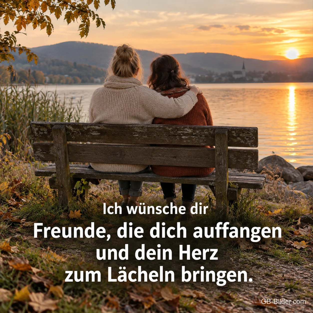 Zwei Freundinnen auf einer Bank am See, Text: Ich wünsche dir Freunde, die dich auffangen und dein Herz zum Lächeln bringen.