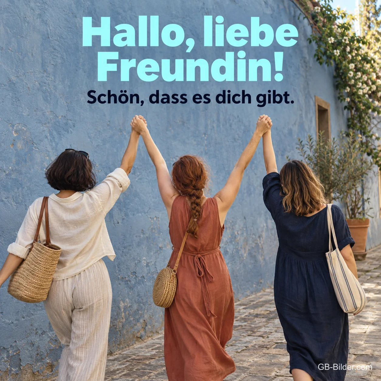 Drei Freundinnen Hand in Hand in einer Gasse, Text: Hallo, liebe Freundin! Schön, dass es dich gibt.