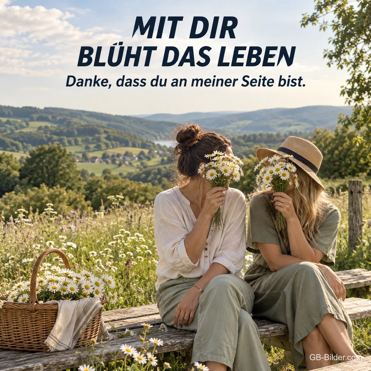 Zwei Freundinnen mit Margeriten auf einer Bank, Text: Mit dir blüht das Leben – Danke, dass du an meiner Seite bist.