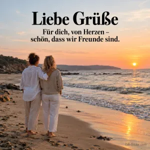 Zwei Freundinnen am Strand im Sonnenuntergang, Text: Liebe Grüße – schön, dass wir Freunde sind.
