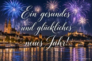 Feuerwerk über einer beleuchteten Stadt am Fluss, Text: Ein gesundes und glückliches neues Jahr!