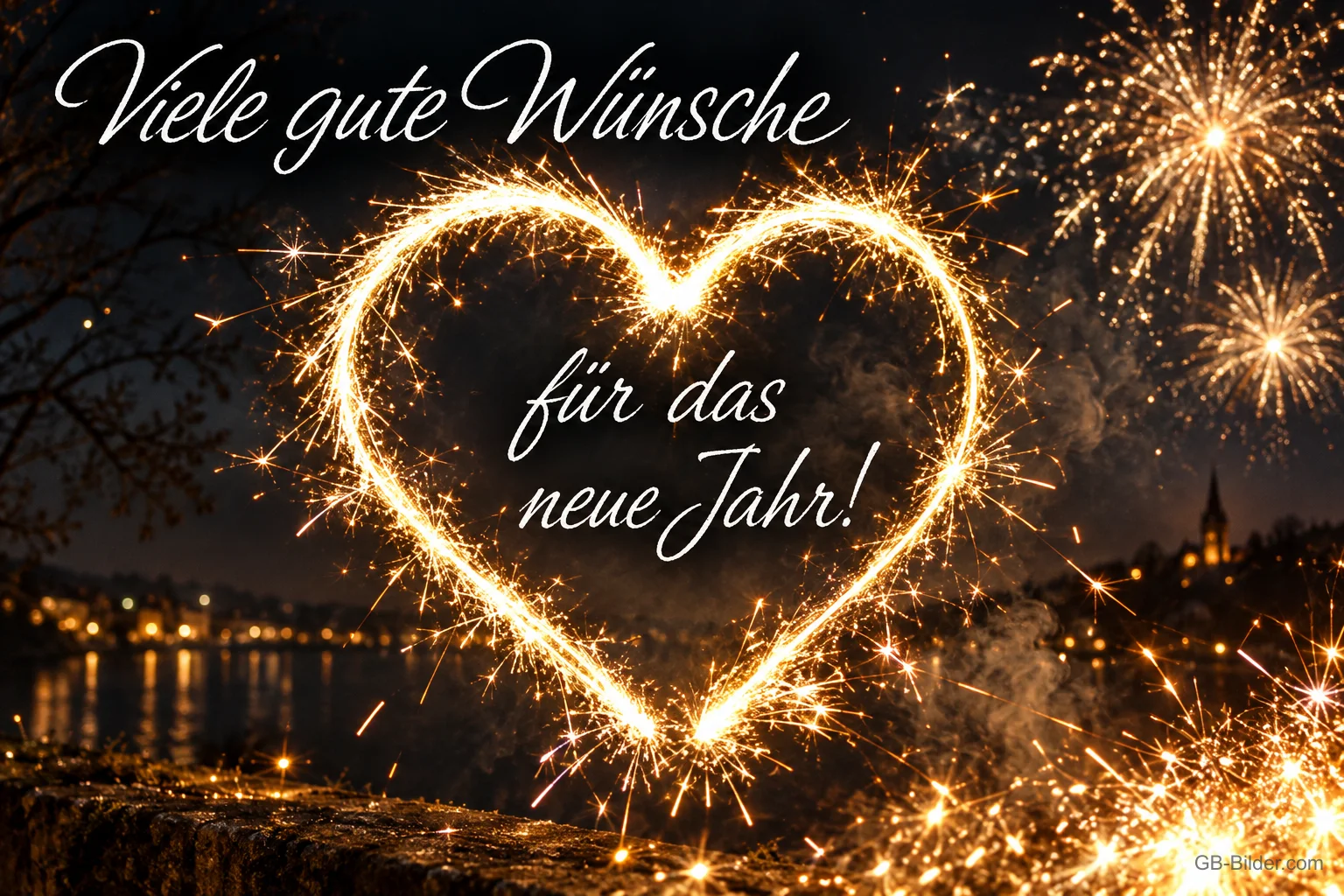 Herz aus Wunderkerzenfunken über einer Stadt am Wasser, Text: Viele gute Wünsche – für das neue Jahr!
